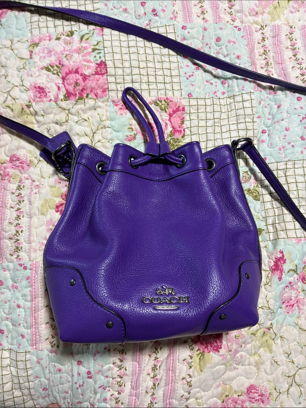 Coach Purple Pebbled Leather Drawstring Crossbody Bucket Bag